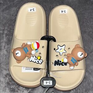 Kids Beige Slide Sandals with Bear Design